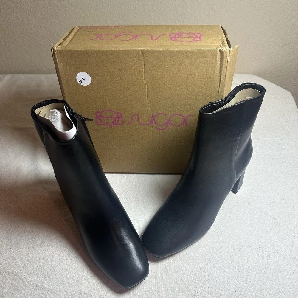 Sugar Womens Black Faux Leather Element Square Toe Block Heel Side Zip Boots 10M